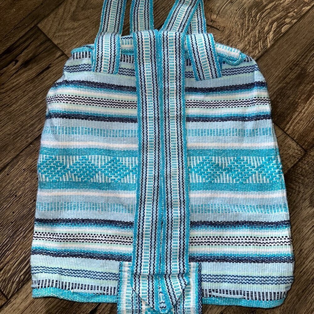 Blue woven striped cotton shoulder bag Indian Style backpack - Picture 3 of 10